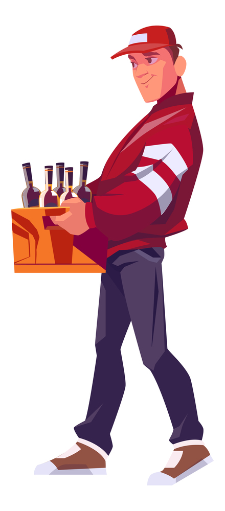 Delivery man holding a wooden box for bottles with alcoholic drinks, packaging for storing and delivering drinks cartoon vector illustration. Wooden box for bottles with alcoholic