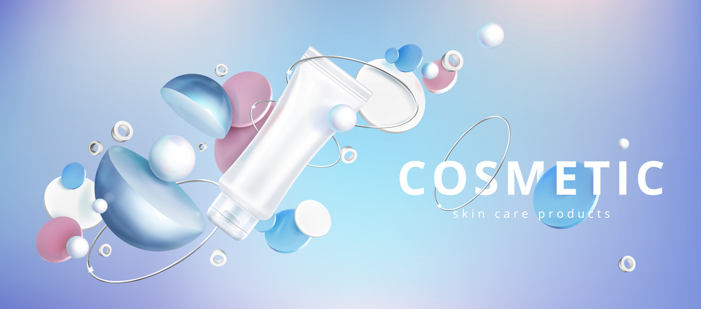 Skin care cosmetic product with holographic 3d geometric shapes, circles and silver rings. Vector brand poster with face cream or gel in blank white tube. Promo banner, advertising background. Skin care cosmetic with holographic background