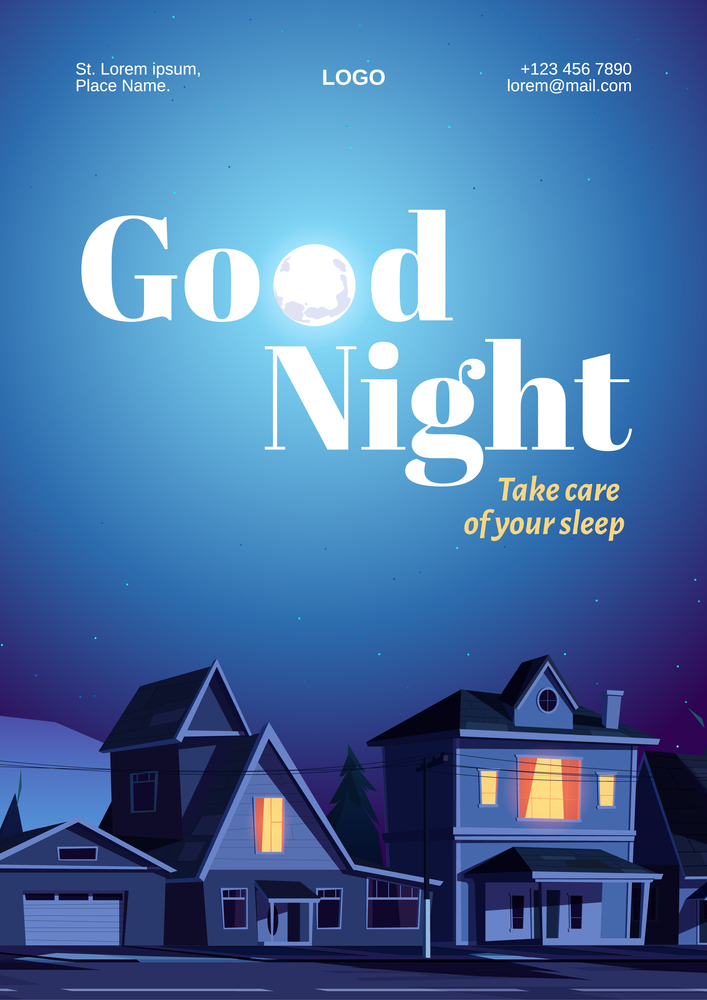 Good night poster with houses and moon in dark sky. Vector cartoon landscape of city street with suburban cottages at evening. Template of flyer for better care of sleep. Good night poster with houses and moon in dark sky