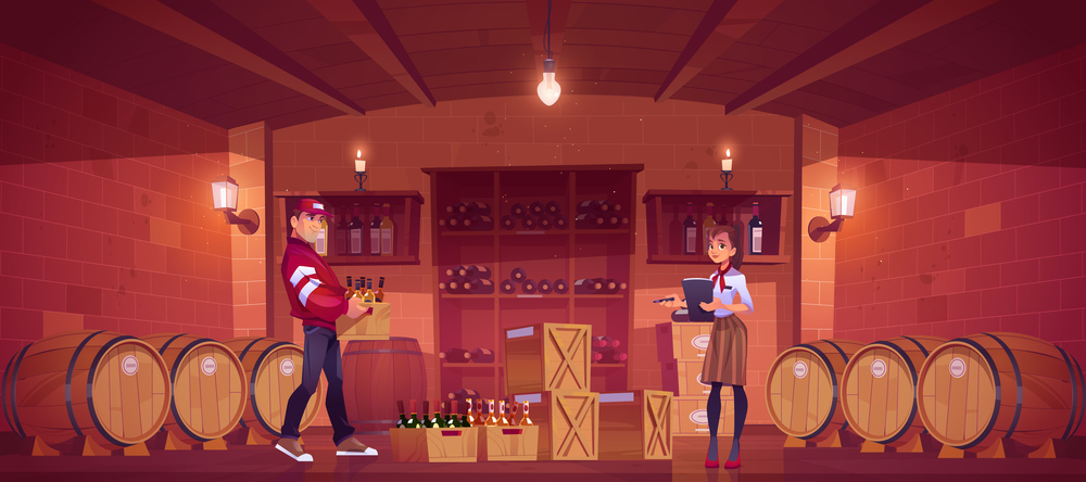 Supplier deliver alcohol production in wine shop, saleswoman take goods, make inventory in cellar interior with wooden barrels, shelves with glass bottles in basement, Cartoon vector illustration. Supplier deliver alcohol production in wine shop