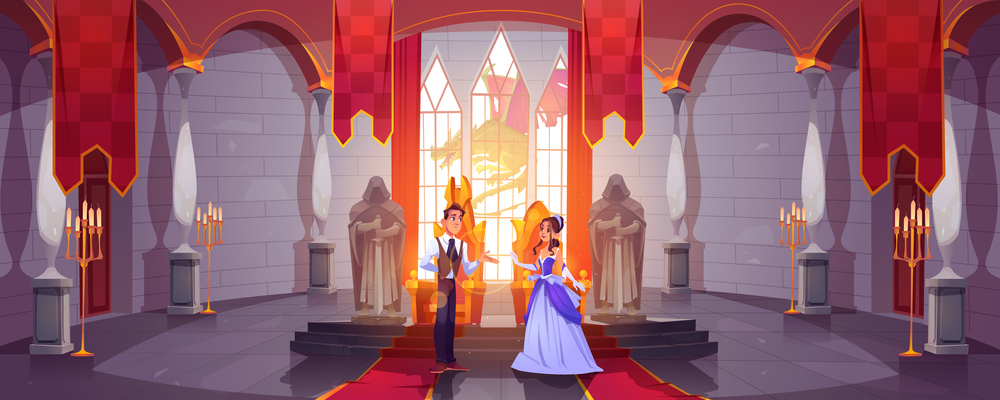 Prince and princess in throne room at castle hall. Royal couple in baroque hallway decorated with statues and columns. Dragon outside the palace window. Romantic fairytale cartoon vector illustration. Prince and princess in throne room at castle hall