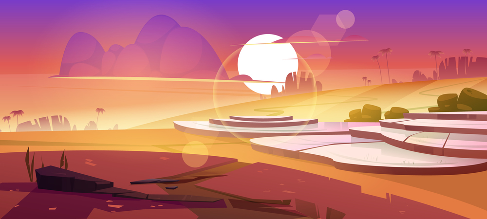 Asian rice field terraces in mountains sunset landscape. Paddy plantation, cascades farm in mount rocks with sun go down in beautiful orange cloudy sky, scenery dusk view, Cartoon vector illustration. Asian rice field terraces in mountains sunset view