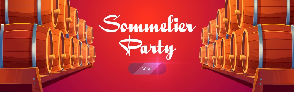 Sommelier party banner with wine barrels on red background. Invitation to winery bar or restaurant for tasting alcohol drinks. Vector poster with cartoon wooden casks in cellar. Sommelier party banner with wine barrels