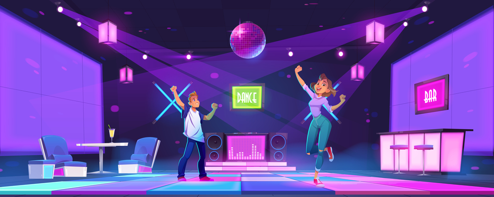 Young people dance at night club disco party, man and woman dancing, moving with raised hands. Teenagers nightlife activity in bar with glowing floor and neon illumination, Cartoon vector illustration. Young people dance at night club disco party.