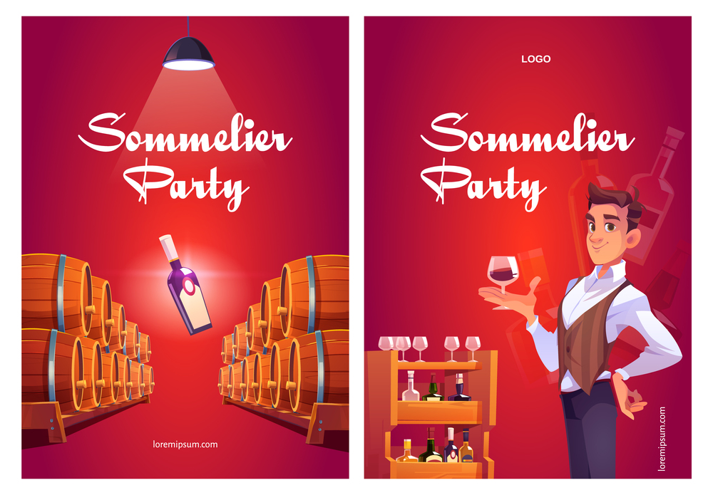 Sommelier party cartoon posters with man in wine shop holding wineglass in hand. Seller examine beverage in store with alcohol drink barrels and bottles stand on wooden shelf, vector invitation flyers. Sommelier party cartoon posters, invitation flyers