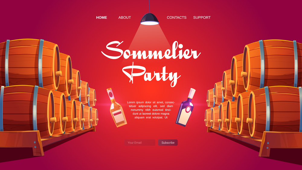 Sommelier party cartoon landing page. Wine shop, cellar interior with wooden barrels and glass bottles with winery production and glow lamp. Alcohol beverage store promo, Cartoon vector web banner. Sommelier party cartoon landing page. Wine shop