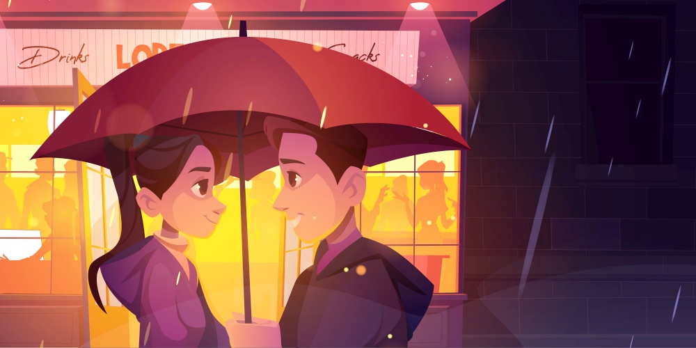 Love story, couple stand under umbrella at rainy night street front of glowing cafe window. Romantic relations. Loving man and woman outdoor dating, connection, romance, Cartoon vector illustration. Love story, couple stand under umbrella at rain
