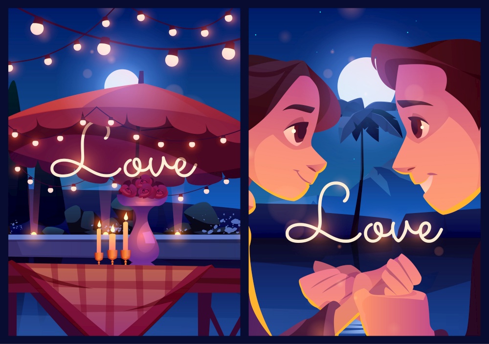 Summer love cartoon posters, loving couple outdoor dating with flowers on table and glowing candles at night. Man and woman holding hands, romantic relations, romance, togetherness Vector illustration. Summer love cartoon posters, couple outdoor dating