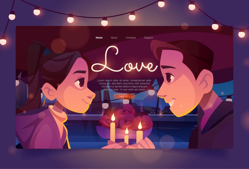 Love banner with happy couple on date. Vector landing page of romance and relationship with cartoon illustration of man and woman look at each other in restaurant or cafe with flowers and candles. Love banner with happy couple on date