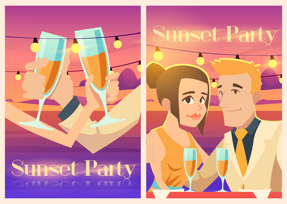 Sunset party posters with happy couple with wine glasses on sea coast. Vector invitation flyers of evening beach party with cartoon illustration of man and woman on background of pink ocean and sky. Sunset party poster with happy couple on sea coast