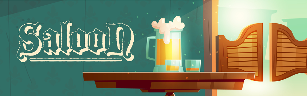 Cowboy saloon cartoon banner, glass tankards with foamy beer and shots with alcohol drinks stand on wooden old style table in wild west tavern. Invitation to retro pub or bar Vector web header. Cowboy saloon cartoon banner, wild west tavern