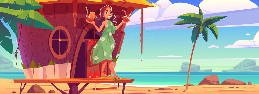 Woman with cocktails in tiki hut on hawaii beach. Smiling girl wearing summer dress holding coconut drinks stand on wooden terrace at sandy ocean coastline with palm trees, Cartoon vector illustration. Woman with cocktails in tiki hut on hawaii beach