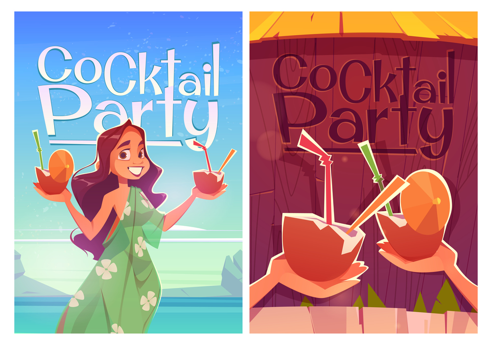 Cocktail party posters with woman holding coconuts with straws and umbrella on sea beach. Vector flyers with cartoon illustration of girl with exotic tropical cocktails and wooden bar. Cocktail party posters with woman on sea beach
