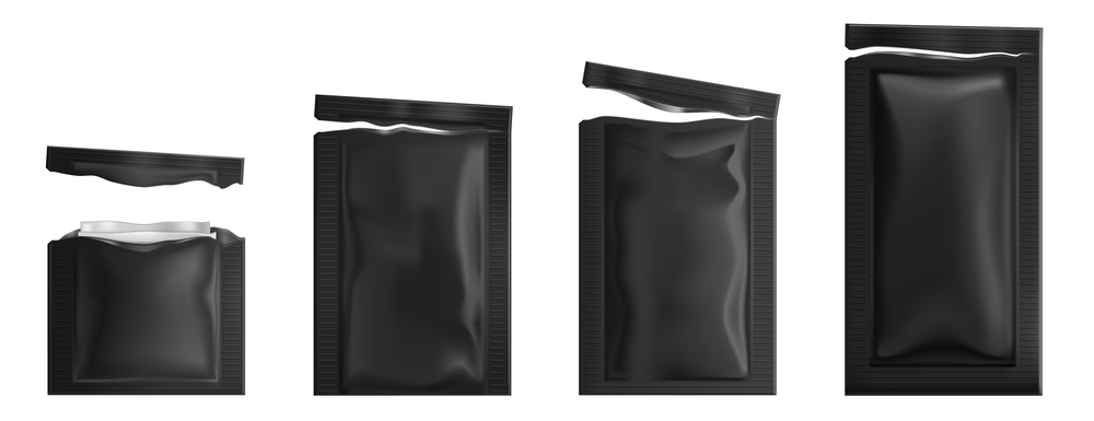 Black sachets with wet wipes. Vector realistic mockup of 3d torn foil packages with facial napkins. Set of blank pouches, plastic packets different size isolated on white background. Torn black sachets with wet wipes