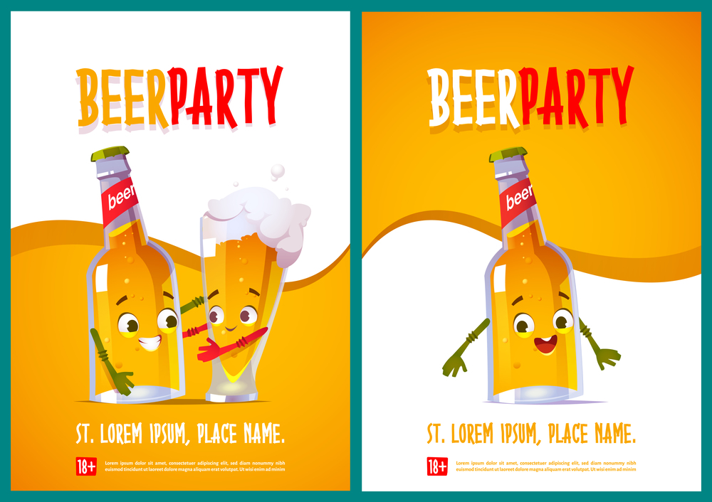 Beer party posters with cute characters of bottle and glass. Vector flyers with cartoon illustration of funny lager pint personage hugs with mug of beer. Invites for party in pub or bar. Beer party posters with bottle and glass