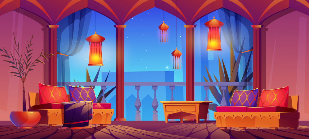 Arabic living room interior, middle east hotel or palace oriental design with furniture, balcony and arched windows with night ancient city view, arab islamic dwelling, Cartoon vector illustration. Arabic living room interior, middle east hotel