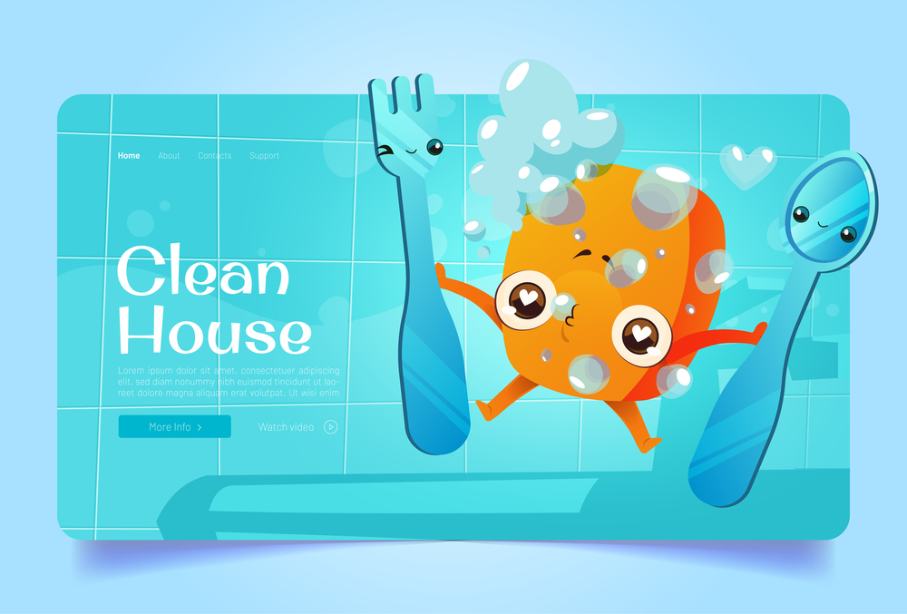 Clean house cartoon landing page, cute cleaning sponge character holding fork and spoon at kitchen tiled wall background and flying foam bubbles. Sanitary tool mascot with funny face Vector web banner. Clean house cartoon landing page, cleaning sponge
