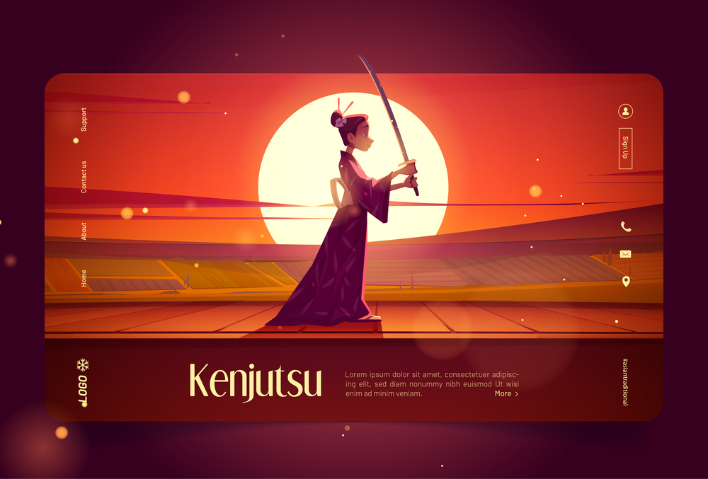 Kenjutsu, traditional japanese fencing art banner. Vector landing page of kendo, art of sword in Japan with cartoon illustration of girl in kimono with katana on background of sunset landscape. Kenjutsu, traditional japanese fencing art banner