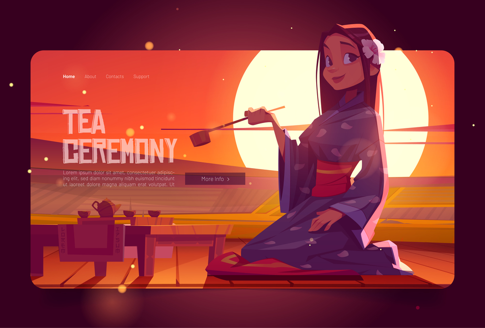 Tea ceremony cartoon landing page, asian woman wear traditional kimono in Chinese or Japanese cafe sit at low table on floor pillow at sunset background with rice fields landscape, Vector web banner. Tea ceremony cartoon landing page, asian woman