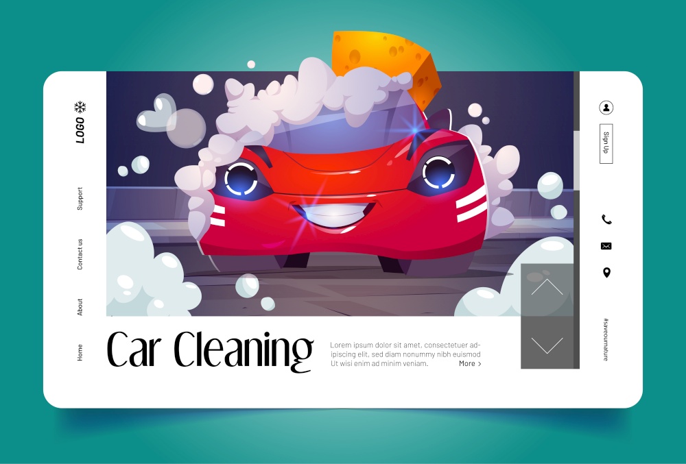 Car cleaning cartoon landing page. Happy automobile character with smiling face washing with soap foam and sponge on carwash station. Transportation city service for vehicles, Vector web banner. Car cleaning cartoon landing page happy automobile