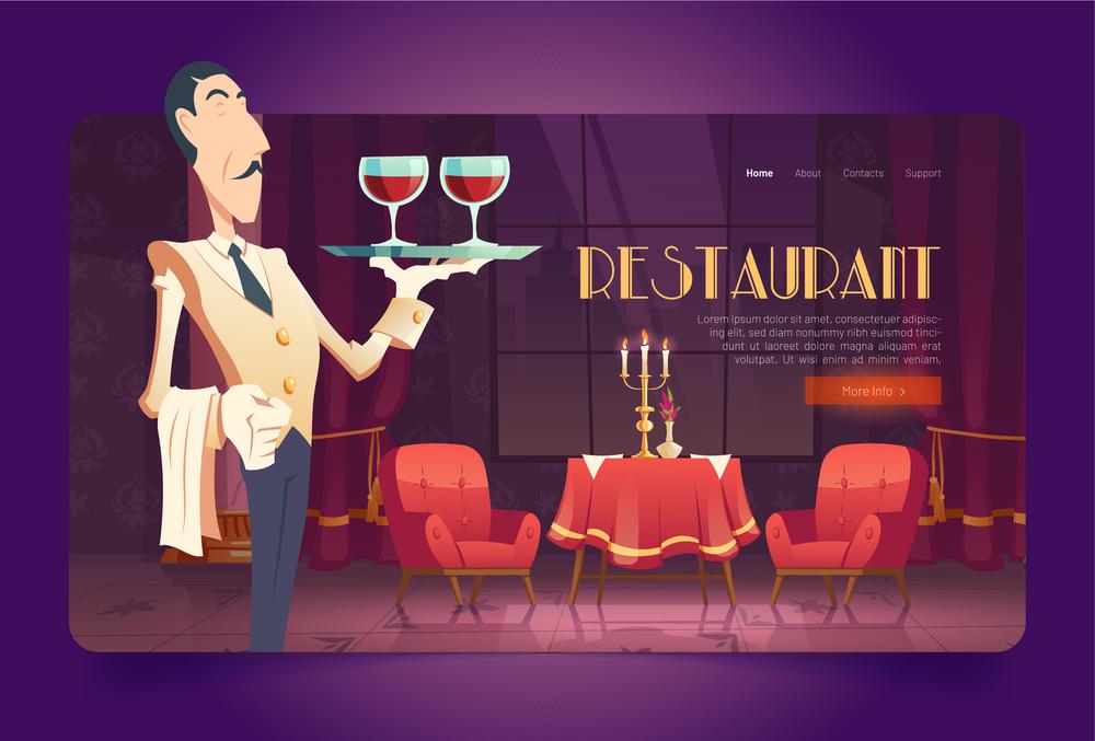 Restaurant banner with waiter holding tray with wineglasses. Vector landing page with cartoon illustration of luxury cafe interior with flowers and candles on table, chairs and man serving wine. Restaurant banner with waiter serving wine