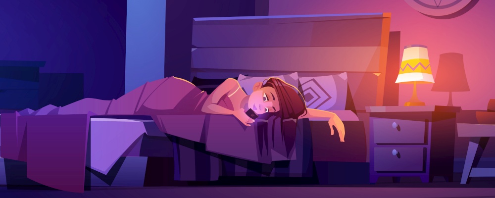 Young woman lying in bed with phone in hands. Girl chatting with friends in social networks, texting, reading newsfeed in internet during bedtime, gadget addiction, Cartoon vector illustration. Young woman lying in bed with cellphone in hands