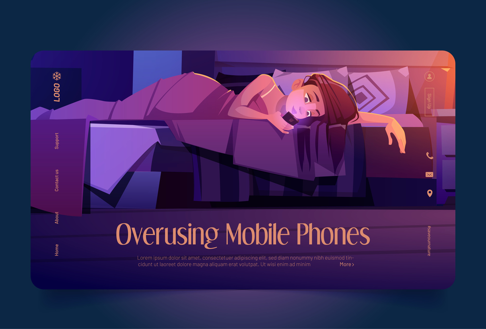 Overusing mobile phones banner. Concept of Internet addiction, FOMO, overuse social media. Vector landing page with cartoon illustration of sleepless woman lying in bed with smartphone at night. Overusing mobile phones, Internet addiction banner