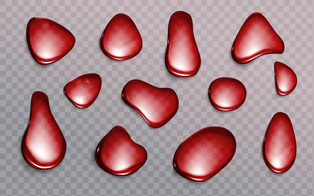 Red drops on transparent background. Blood, strawberry juice or wine drips. Bubbles of soda, beer or water drink abstract texture. Random aqua droplets, spill 3d design, Realistic vector illustration. Red drops on transparent background, blood, juice
