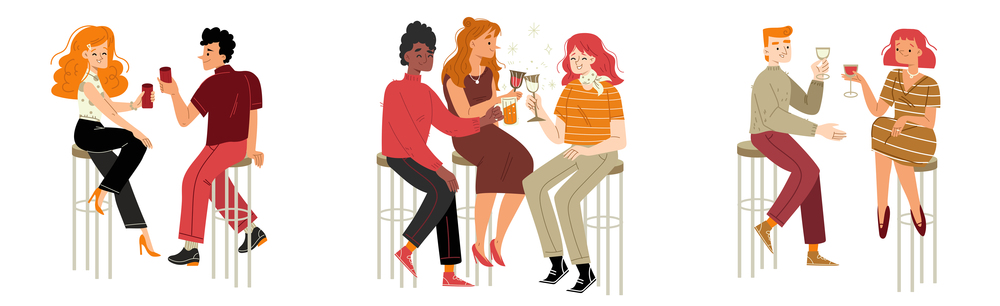 People sitting on stools in bar and drink alcohol. Vector flat illustration of happy women and men with wine and beer in restaurant or cafe. Concept of dating or friend meeting. People sitting on stools in bar and drink alcohol