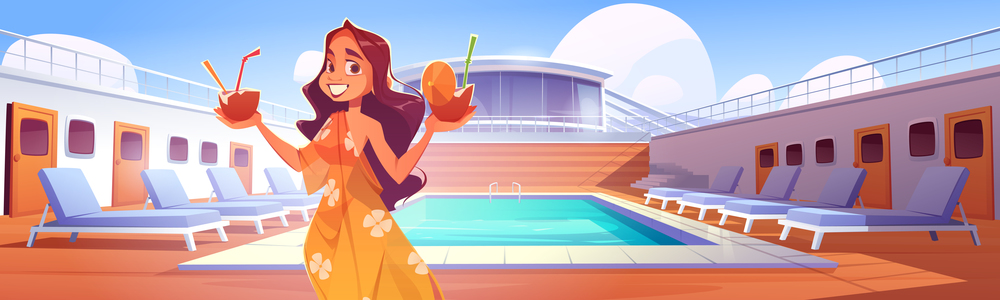 Woman with cocktails on cruise ship deck with swimming pool. Vector cartoon illustration of luxury passenger liner with pool, beach chairs and girl with coconuts with straws. Woman with cocktails on cruise ship deck with pool