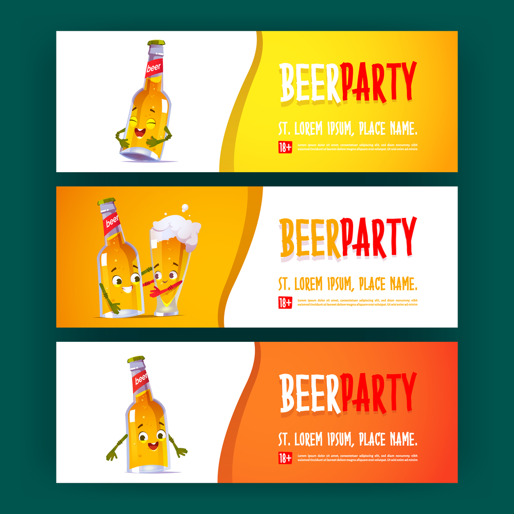 Beer party cartoon invitation banners, funny bottle and glass with foamy drink characters. Alcohol festival invite flyer, kawai funny cup and flask with cute face, Oktoberfest celebration vector cards. Beer party cartoon invitation banners, Oktoberfest