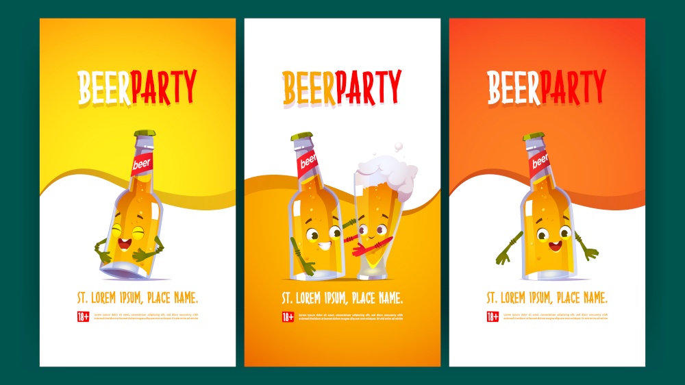 Beer party flyers with funny bottle and glass characters. Vector posters of event with brewery drinks in pub, bar of restaurant with cartoon illustration of cute lager pint hug with mug of beer. Beer party flyers with funny bottle and glass