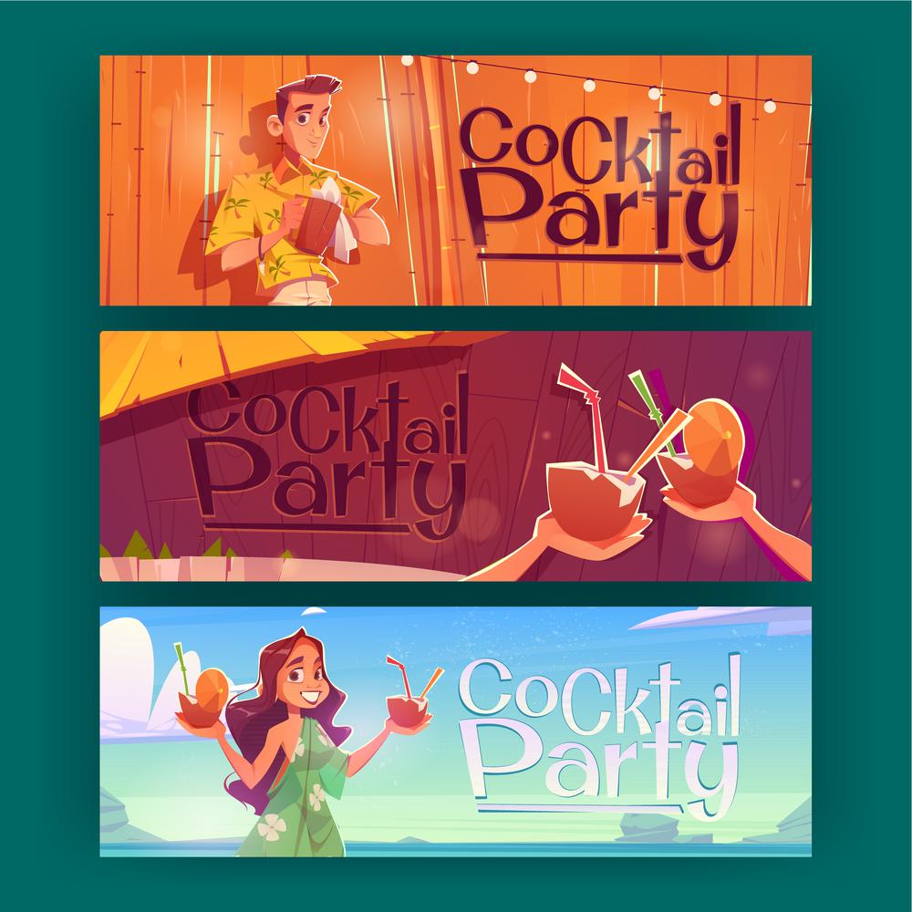 Cocktail party flyers with woman holding coconuts with straws on sea beach and bartender in wooden bar. Vector posters with cartoon illustration of girl with exotic cocktails and drinks in coco. Cocktail party flyers with woman holding coconuts