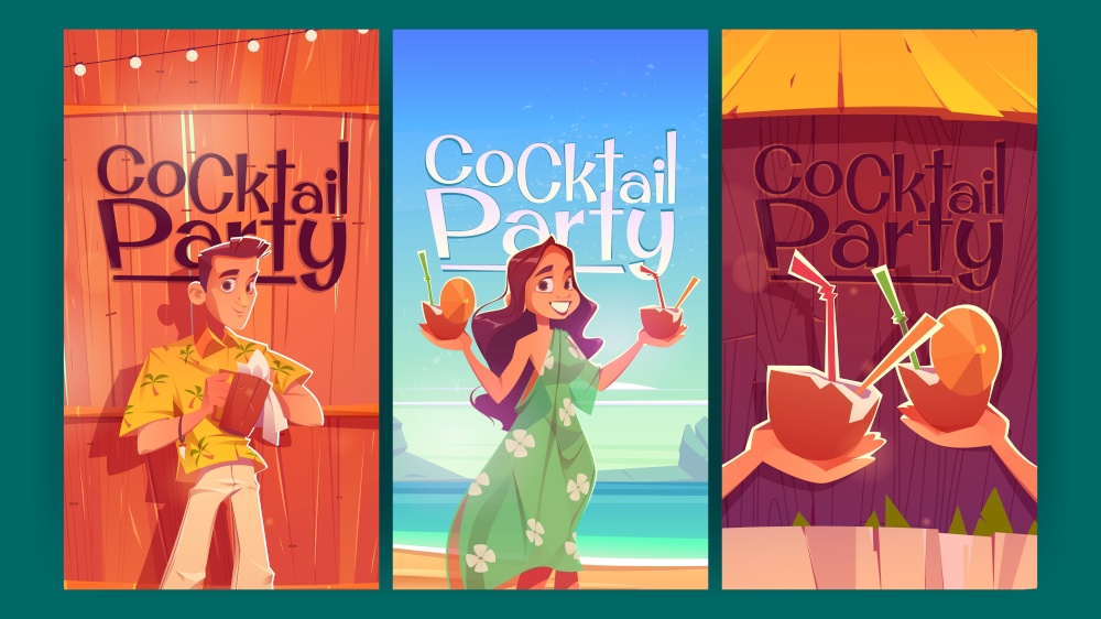 Cocktail party cartoon posters, invitation flyers with smiling woman wearing summer dress holding coconut drinks and barman wipe cup. Vector promo cards for exotic hawaiian beach resort bar recreation. Cocktail party cartoon posters, invitation flyers