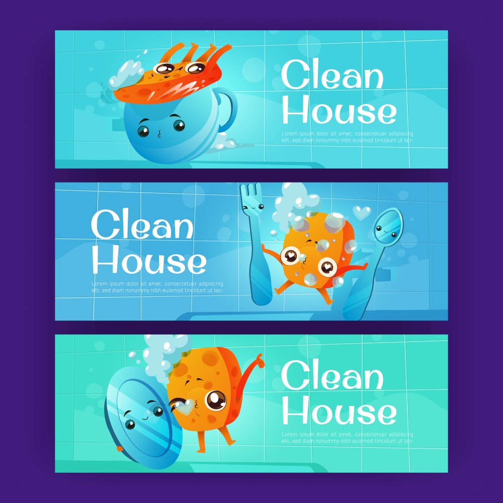 Clean house posters with cute kitchen sponge wash plate, cup and cutlery. Vector banners with cartoon illustration of dish washing sponge with soap foam and utensil. Clean house posters with cute kitchen sponge