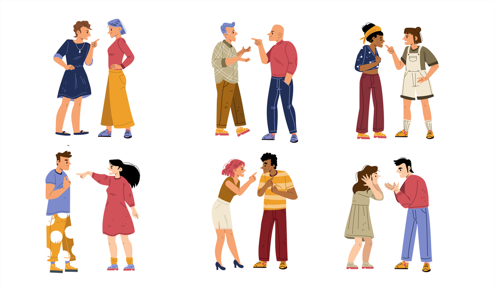 Couples conflict, quarrel, angry male and female characters arguing. Homosexual and heterosexual pairs scandal, divorce, spousal abuse. People swear and argue, Line art flat vector illustration. Couples conflict, quarrel angry characters arguing