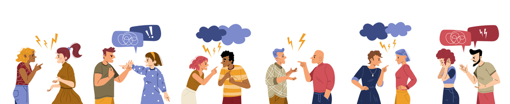 Couples conflict, quarrel, angry people swear and argue. Male and female characters scandal, arguing. Homosexual and heterosexual pairs yell, divorce, spousal abuse, Line art flat vector illustration. Couples conflict, quarrel, angry people swear