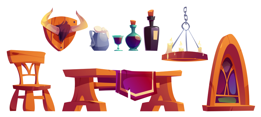 Medieval tavern furniture, wine bottles, candles and stained glass window. Ancient house, old castle room or saloon interior with wooden table, chairs, drinks, vector cartoon set. Medieval tavern furniture, wine bottles, candles