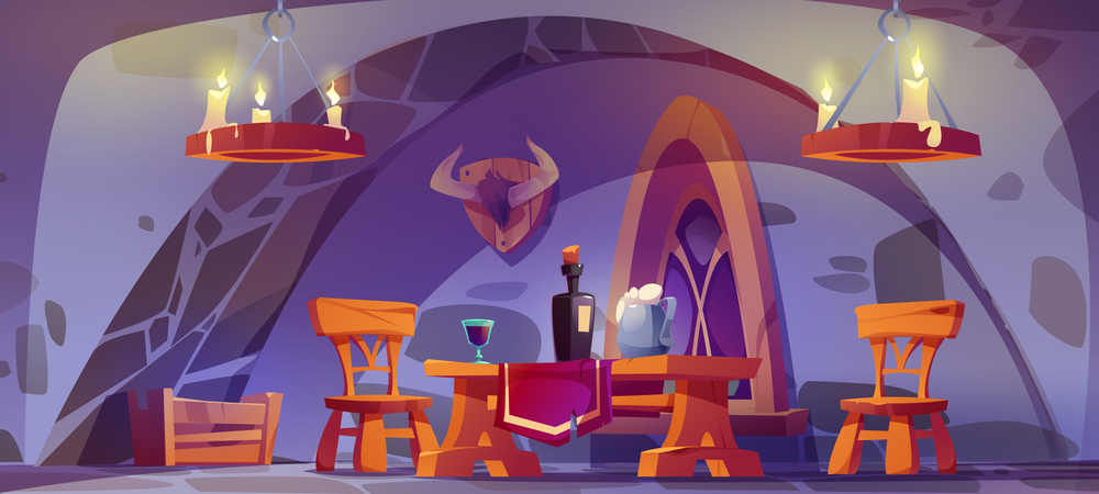 Old medieval castle or dungeon room with wooden furniture, candles, stained glass window and stone walls. Ancient tavern interior with wine bottle and beer on table, vector cartoon illustration. Medieval castle or tavern room with stone walls