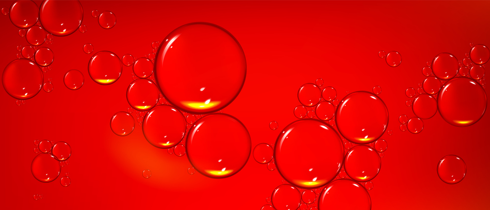 Red abstract background with air bubbles. Realistic illustration of liquid substance macro view. Glossy water drops on clean surface. Sparkling oil, fizzy wine or cosmetic gel texture. Vector design. Red abstract background with air bubbles