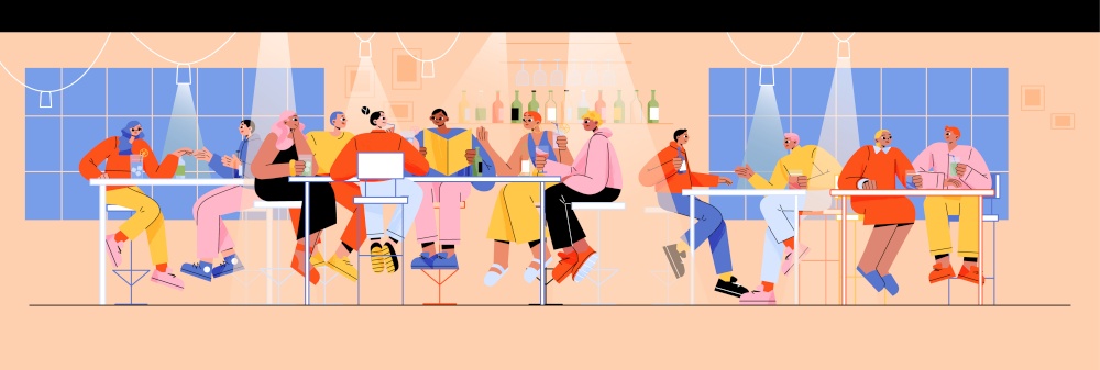 Bar interior with people drink wine and cocktails. Diverse characters hold glasses, group of friends and couples sitting on stools in cafe or restaurant, vector flat illustration. Bar interior with people drink wine and cocktails