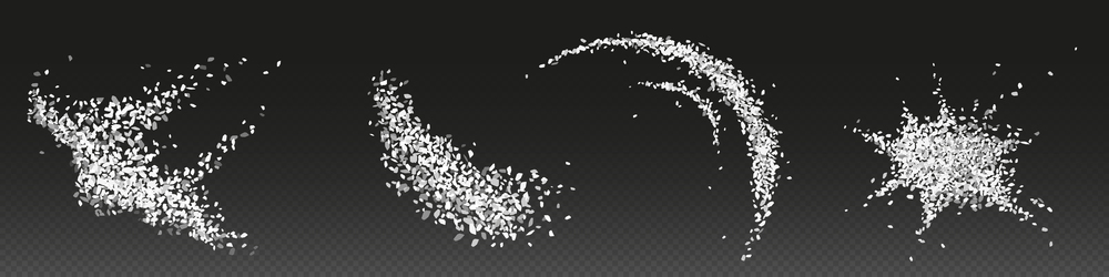 Realistic set of sugar, salt crystals or rice png scattered on dark surface. Vector illustration of piles of white granules isolated on transparent background. Cooking ingredients for flavor enhancing. Realistic set of sugar, salt crystals or rice png
