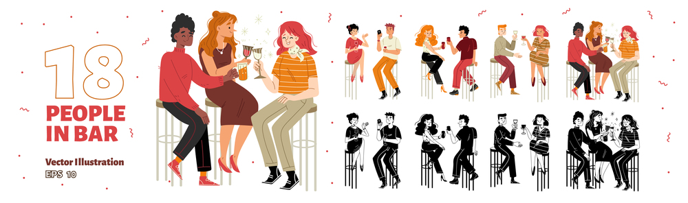 Set of happy people sitting in bar. Collection of male, female flat characters, couples, friends drinking cocktails, clinking glasses, dating and celebrating holiday at party. Vector illustration. Set of happy people in bar, flat illustration