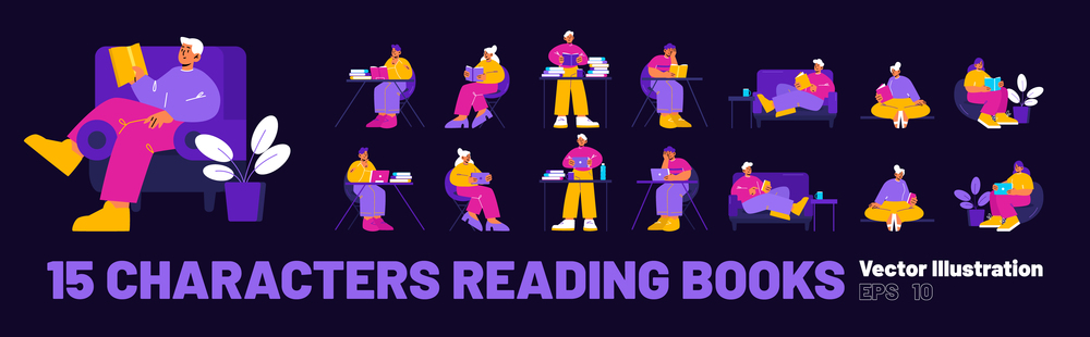 People read books sitting on chair, sofa, at table and standing. Men and women reading books, text on tablet and laptop isolated on black background, vector flat illustration. People read books sitting on chair, sofa, at table