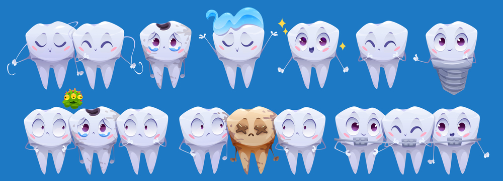 Teeth cartoon characters, clean and dirty tooth personages isolated set. Dental whitening and cleaning oral cavity, implant, enamel caries, health care, stone, bacteria, toothpaste Vector illustration. Teeth cartoon characters, clean and dirty tooth