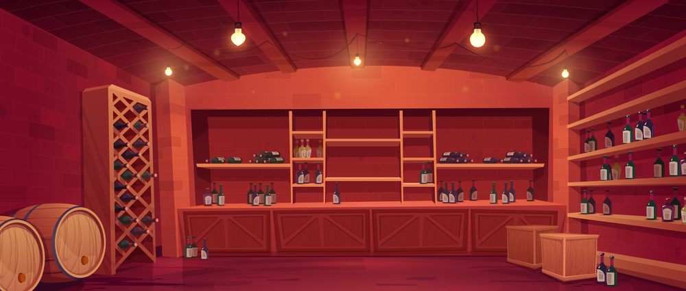 Wine shop, cellar interior with bottles on wooden shelves and rack, barrels and boxes with alcohol production. Store showcase, room with glowing lamps, building basement, Cartoon vector illustration. Wine shop, cellar interior with bottles on shelves