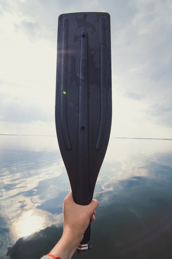 Close up hand holding water paddle with seascape concept photo. Front view photography with blurred skyline background. High quality picture for wallpaper, travel blog, magazine, article. Close up hand holding water paddle with seascape concept photo