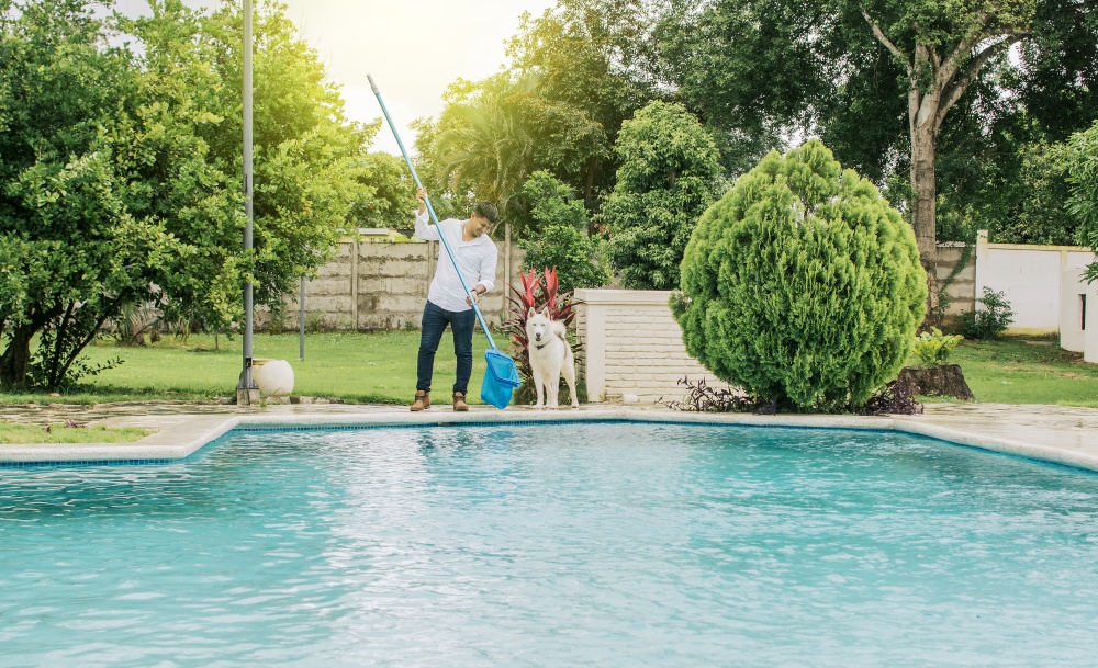 Man cleaning a swimming pool with skimmer, Maintenance person cleaning a swimming pool with leaf picker, swimming pool cleaning and maintenance concept