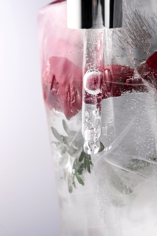 Pipette on a large piece of ice with frozen flowers. A wonderful concept for cosmetics and perfumes.. Pipette on a large piece of ice with frozen flowers.