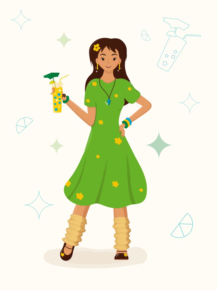Woman standing with refreshing drink Vector illustration. Tanned girl in green dress holds lemonade in hand. Beverage, soda bought in cafe or takeaway. Young woman wants to cool down in hot summer day. Woman standing with refreshing drink Vector illustration. Tanned girl in green dress holds lemonade.
